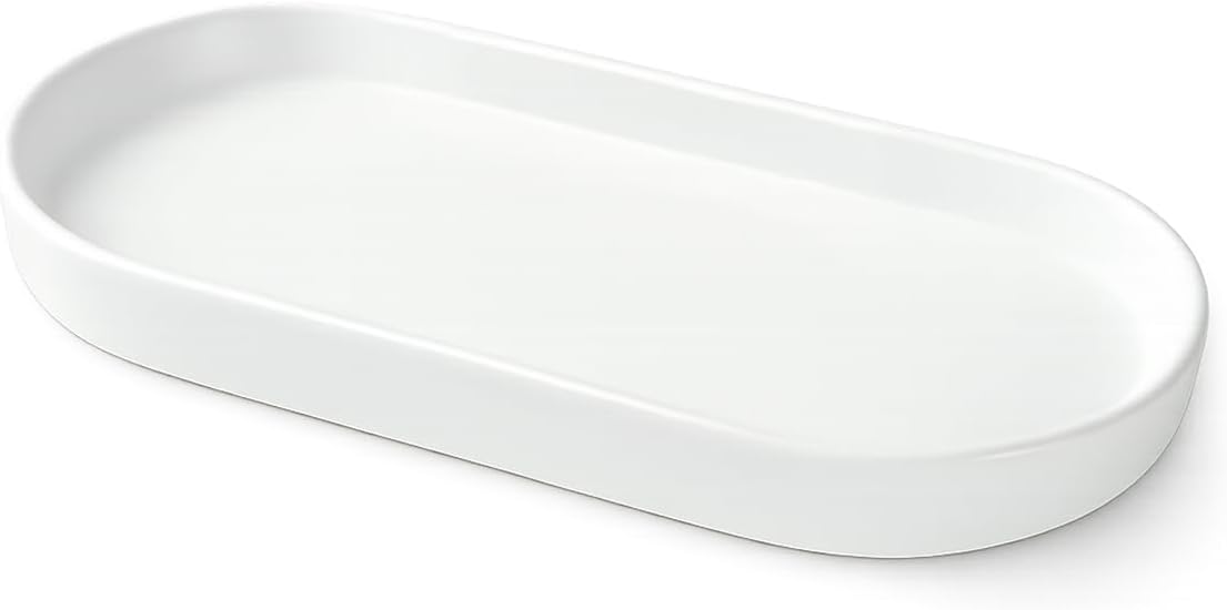 Matte White Ceramic Bathroom Tray for Countertop, Minimalist Vanity Organizer Dish for Perfume, Jewelry & Soap, Oval Decorative Tray for Bathroom Sink, Dresser, Coffee Bar or Kitchen Counter