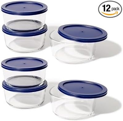 12-Piece Glass Food Storage Containers Set (6 Containers + 6 BPA-Free Lids) | 4-Cup, Leakproof | Microwave, Freezer, Oven & Dishwasher Safe | Ideal for Meal Prep & Pantry Organization, Blue