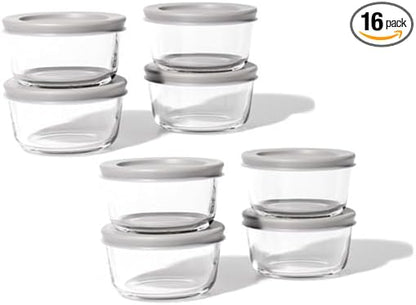 16-Piece Glass Food Storage Containers Set (8 Containers + 8 BPA-Free Lids) | 1-Cup, Leakproof | Microwave, Freezer, Oven & Dishwasher Safe | Ideal for Meal Prep & Pantry Organization, Grey