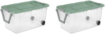 40-Gallon Wheeled Storage Bins (2-Pack) - Heavy Duty Plastic Totes with Lids & Handles - Industrial Garage/Utility Containers for Tools, Camping Gear (36.9" x 21.4") (Clear/Green)