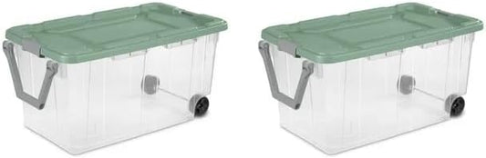 40-Gallon Wheeled Storage Bins (2-Pack) - Heavy Duty Plastic Totes with Lids & Handles - Industrial Garage/Utility Containers for Tools, Camping Gear (36.9" x 21.4") (Clear/Green)