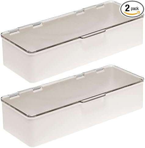 mDesign Long Plastic Cosmetic Storage Organizer Box Containers, Hinged Lid for Bedroom, Bathroom Vanity Shelf or Cabinet, Holds Masks, Palettes, Lotion, Nail Polish, 2 Pack, Cream/Beige/Clear