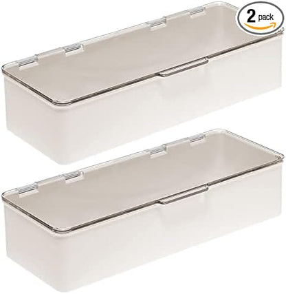 mDesign Long Plastic Cosmetic Storage Organizer Box Containers, Hinged Lid for Bedroom, Bathroom Vanity Shelf or Cabinet, Holds Masks, Palettes, Lotion, Nail Polish, 2 Pack, Cream/Beige/Clear