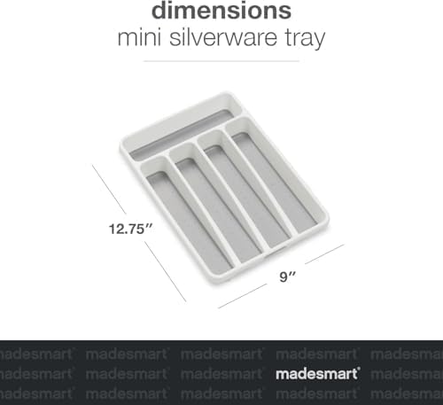 madesmart Small Silverware Tray, Compact 5 Compartment Flatware Organizer for Forks, Knives & Spoons, Non Slip, Soft Grip Lining, Fits Small Drawers, White