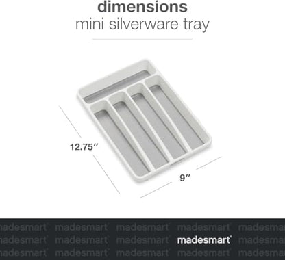 madesmart Small Silverware Tray, Compact 5 Compartment Flatware Organizer for Forks, Knives & Spoons, Non Slip, Soft Grip Lining, Fits Small Drawers, White