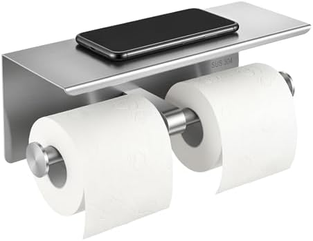 Double Bathroom Toilet Paper Roll Holder with Shelf Wall Mount Tissue Roll Holder Stainless Steel Wall Mounted RV Tissue Rolls Holders Toilet Paper Holders with Shelf, Silver by Unknown