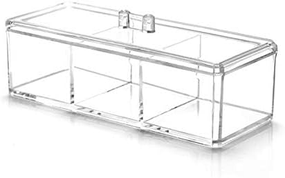 Square Acrylic Cotton Ball Pads Gauze Swab Holder Organizer Q-tip Dispenser Storage Canister Bathroom Container Flossers Box Case (9.3x3.7x3 in, 1 Tier, 3 Partitions, Transparent)