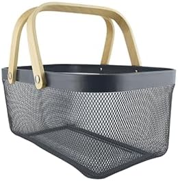 Metal Mesh Basket with Bamboo Handles, 15.7x11x7 inches.Choose from Gray, White, or Black to match your décor, Storage Organizer 40 cm (Grey)