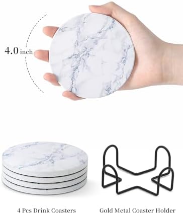 LIFVER Absorbent Coaster Sets of 4, Drink Coasters with Holder, White Marble Style Ceramic Drink Coaster for Tabletop Protection, Suitable for Kinds of Cups and Wooden Table, Cool Home Decor, 4 Inches - Image 7