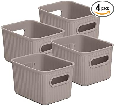 Decorative Plastic Basket Open Home Storage Bins Organizer Baskets, Small Taupe (4 Pack) Container Boxes for Organizing Closet Storage Bins for Shelves Drawer Shelf - Ribbed Collection 1.5 Liter