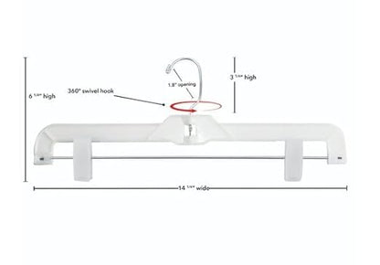 NAHANCO 1600PCLH Plastic Skirt/Pant Hangers, Heavy Weight with Long Hook and Plastic Clips, 14" White Hi-Impact (Pack of 100)