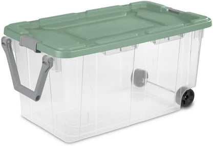 40-Gallon Wheeled Storage Bins (2-Pack) - Heavy Duty Plastic Totes with Lids & Handles - Industrial Garage/Utility Containers for Tools, Camping Gear (36.9" x 21.4") (Clear/Green)