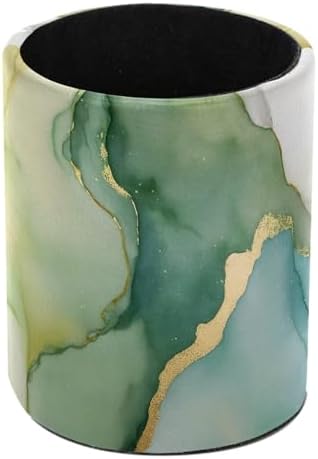 Faux Leather Pen Holder for Desk, Pencil Organizer Green Gold Marble Texture Pen Cup Desk Decor Makeup Brush Holder Storage for Office Home by DragonBtu