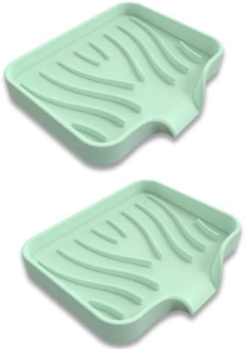 Silicone Soap Dish with Drainer | Quick-Dry Holder for Sponge, Dispenser, Scrubber, Bottle and Cup | for Kitchen, Shower and Bathroom (Light Green, Small, 2-Pack)