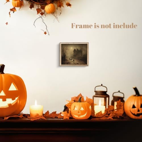 ZBJLLK Halloween Trick or Treat Canvas Wall Art, Vintage Gothic Dark Academia Oil Painting Print, Spooky Haunted House Moonlit Autumn Artwork for Living Room Bedroom Home Decor, 8x10 Inch Unframed - Image 3
