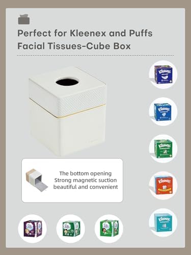Tissue Box Holder Cover Square, Modern PU Leather Decorative Tissue Cube Holder Organizer-Woven White - Image 4