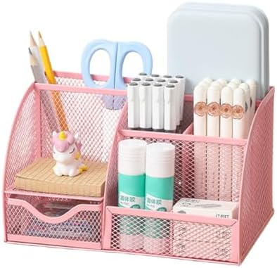 Metal Mesh Office Supply Stationery Organizer Desk Pencil Pen Holder Pot Makeup Brush Cosmetic Organizer for Home School Office (Pink) by Jaugufiy