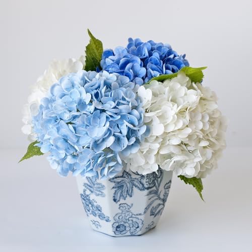 YalzoneMet 4Pcs Real Touch Hydrangea Artificial Flower Natural Lifelike 21'' Latex Long Stem Latex Hydrangea Flower Bouquets for Home Party Wedding Table Centerpiece Decor（2 White+2 Dark Blue） - Image 6