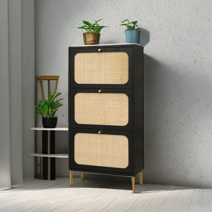 ZeHuoGe Rattan Shoe Cabinet with 3 Flip Drawers, Black 3-Tier Shoe Rack Storage Cabinet for Heels, Boots, Slippers, Free Standing Shoe Rack, Entrance Hallway Entryway (Black)