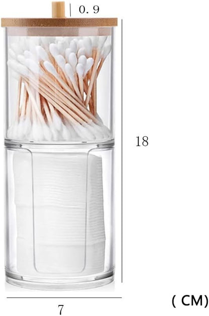 Qtip Holder Dispenser with Cotton Pads Jar Set Bamboo Lid Stackable Bathroom Counter Acrylic Organizer to Storage Cotton Ball Cotton Swab and Bath Salts