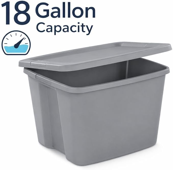 18 Gallon Plastic Storage Tote with Secure Snap-On Lid, Stackable Storage Bin for Linens, Seasonal Decor, Keepsakes & Home Organization (Gray)
