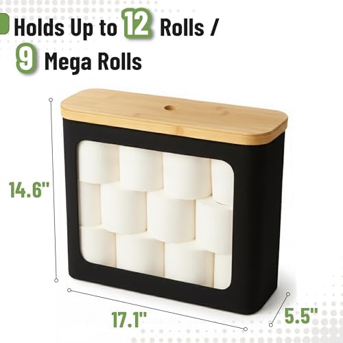 BAMBOO LAND- Toilet Paper Storage with Bamboo Lid for 12 Rolls, Black, Waterproof Bamboo Toilet Paper Holder Basket - Image 2
