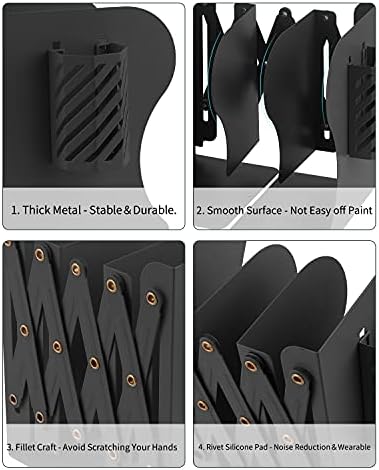 MSDADA Adjustable Bookends, Book Ends for Heavy Books, Expandable Book Organizer with Pen Holder for Desk, Shelf, Office,School, Thanksgiving for Students and Teachers (Black) - Image 4