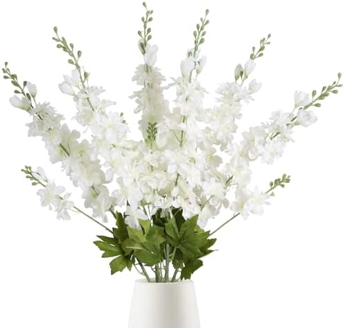 6PCS White Artificial Delphinium Flowers 33" Long Stems White Flowers Larkspur Silk Flowers for Tall Vase White Fake Flowers for Wedding Centerpieces for Home Decor Indoor (White) by INSUNSIXartificialflowers