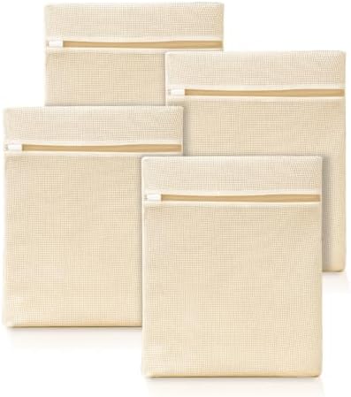 ABRRLO 4Pcs Cotton Mesh Laundry Bags for Delicates,Breathable Mesh Garment Bag for Washing Machine,Travel Wash Bags with Zipper for Bras,Underwear,Socks,Baby Clothes,Laundry Dorm Room Essentials(M) by ABRRLO