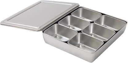 Japard 2 Pcs Stainless Steel Seasoning Box with Lid, Food Storage Container with Tray Spice Organizer Jars, 6 Grids Spice Salt Sugar, Kitchen Utensils