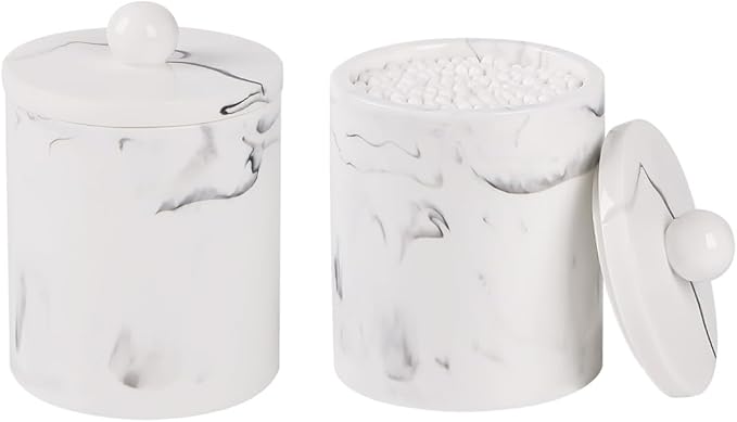 Bathroom Qtip Holder Dispenser with Lid,Vanity Cotton Swab Holder,Resin Cotton Ball Container,Makeup Sponges Cosmetics Canister,Bath Salts Storage Box for Bathroom (Marble White of 2)