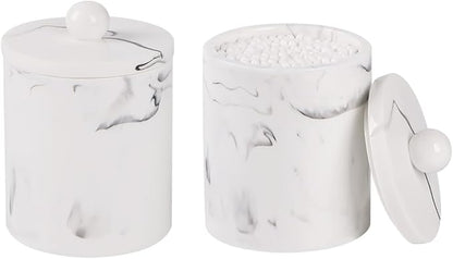 Bathroom Qtip Holder Dispenser with Lid,Vanity Cotton Swab Holder,Resin Cotton Ball Container,Makeup Sponges Cosmetics Canister,Bath Salts Storage Box for Bathroom (Marble White of 2)