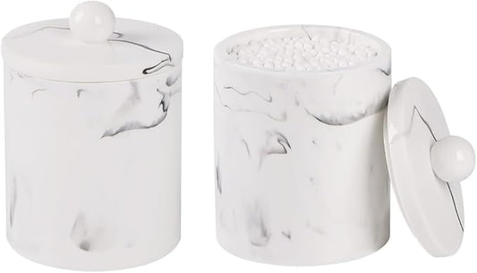 Bathroom Qtip Holder Dispenser with Lid,Vanity Cotton Swab Holder,Resin Cotton Ball Container,Makeup Sponges Cosmetics Canister,Bath Salts Storage Box for Bathroom (Marble White of 2)