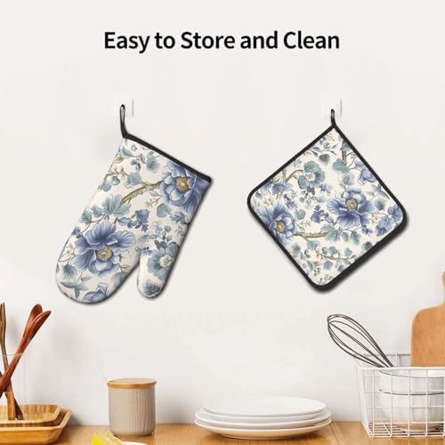 Chinoiserie Style Oven Mitts and Pot Holders Sets Blue Floral Trees Oven Mitts Heat Resistant Vintage Flowers Kitchen Gloves Hot Pads Two Piece Set for Cooking Baking Grilling BBQ - Image 6