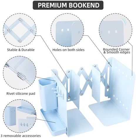 Adjustable Bookends, 19" Metal Book Ends for Heavy Books, 2 Dividers Bookends with Removable Pen Holder, Tray, and 3 Hook-up, Book Organizer for Office, School, Bookstore, Home - Image 2