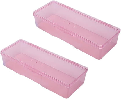 GSHLLO 2 Pcs Clear Nail Art Storage Box Manicure Tool Organizer Case Small Plastic Pedicure Box Rectangle Stackable Containers Nail Implement Supplies Cases Makeup Display Cases with Hinged Lids Pink