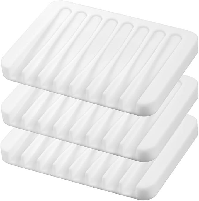 3PCS Self Draining Soap Holder, Premium Silicone Soap Dish, Soap Saver for Shower, Bathroom, Kitchen, Bath Tub, Sponges, Keep Soaps Bars Dry Clean, Easy Clean, Extend Soaps Life (White)