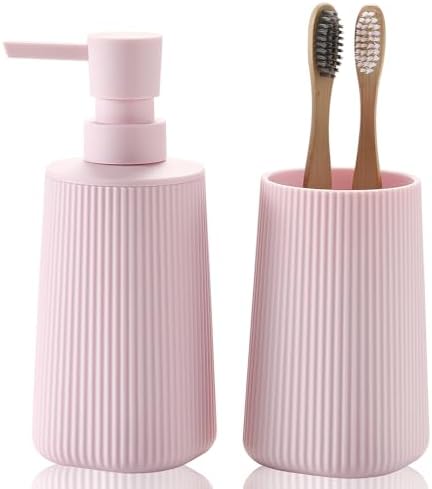 YAUKPH Bathroom Soap Dispenser and Toothbrush Holder Striped Pink by KellyHome