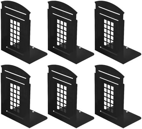 MerryNine 6 Pack Book Ends, Metal Bookends for Shelves, Telephone Booth Decorative Bookends, Non Skid Heavy Bookends, Book, Magazine or CD Organizers for Home and Office (Black-6pcs) by MerryNine