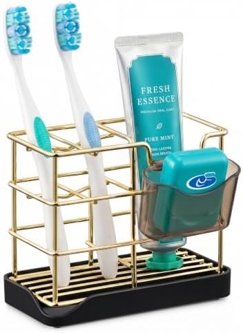 HBlife Toothbrush Holders for Bathrooms Gold, Small Stainless Steel Bathroom Toothbrush Holder with Tray, Bathroom Accessories and Apartment Essentials by HBlife