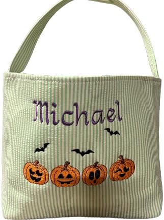 Personalized Halloween Bag for Trick or Treat - Custom Spooky Tote with Handle - Large Candy Bucket (Green Bag)