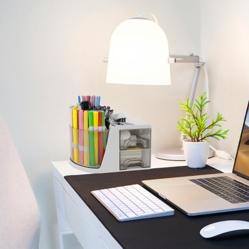 Desk Organizer with Rotating Pencil Pen Holder and 2 Small Drawers, Desk Caddy for Office Workspace Organization and Storage (White) - Image 6