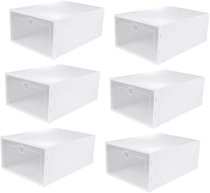 6pcs Stackable Transparent Shoe Storage Boxes with Drawer Design Thickened PP Plastic Organizer for Sneakers Heels Boots Protective Versatile White Frame Containers for Closet and