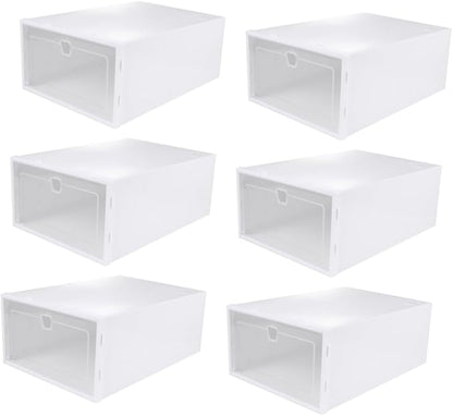 6pcs Stackable Transparent Shoe Storage Boxes with Drawer Design Thickened PP Plastic Organizer for Sneakers Heels Boots Protective Versatile White Frame Containers for Closet and
