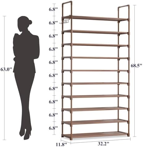 Kitsure 10 Tier Shoe Rack, Tall Shoe Organizer, 32.2" Wide, Brown - Image 2