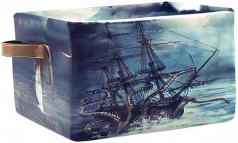 AUUXVA Storage Basket Ocean Kraken Nautical Pirate Ship Animal Octopus Storage Cube Box Durable Canvas Collapsible Toy Basket Organizer Bin with Handles for Shelf Closet Bedroom Home Office