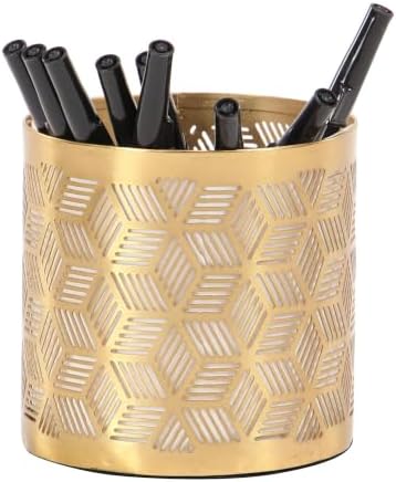 Deco 79 Metal Geometric Pencil Cup with Laser Carved Design, 4" x 4" x 4", Gold by Unknown