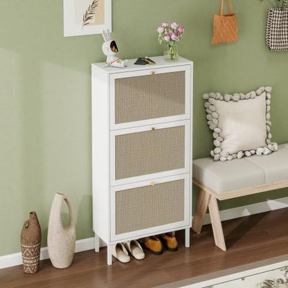 ZeHuoGe Rattan Shoe Cabinet with 3 Flip Drawers, Narrow Hidden Shoe Rack Storage Cabinet for Heels,Slippers, Free Standing Shoe Rack, Entrance Hallway Entryway (White)