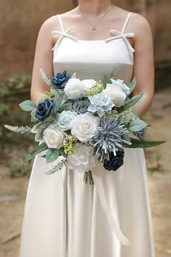 Blue White Artificial Flowers Silk Fake Roses Peonies Greenery Combo Box Set for DIY Wedding Bouquets Bridal Shower Centerpieces Floral Arrangements Party Tables Home Decoration - Image 4