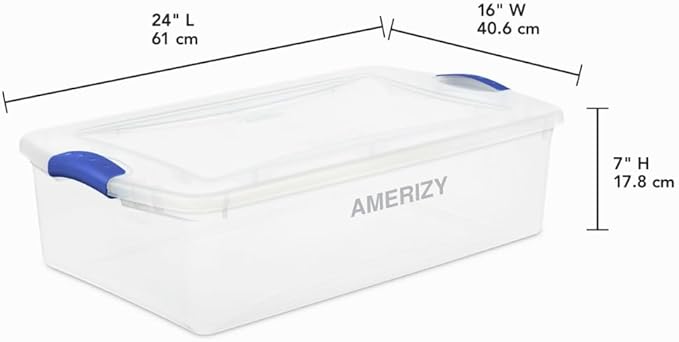 32 Quart Underbed Plastic Storage Bin with Latching Lid – Clear Stackable Container with Blue Handles for Bedroom, Closet, Dorm, or Seasonal Organization